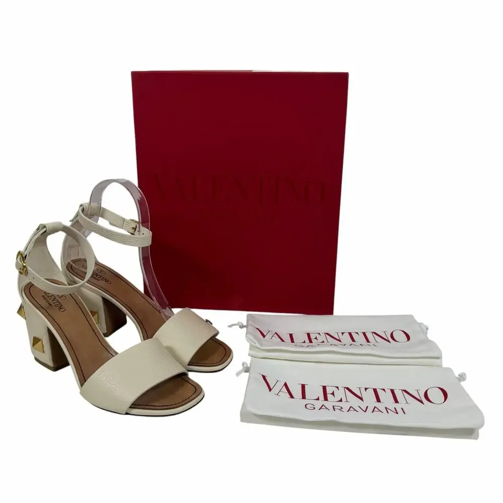 Valentino Garavani 75 Roman Stud Heel Leather Sandal Ivory Size 37.5